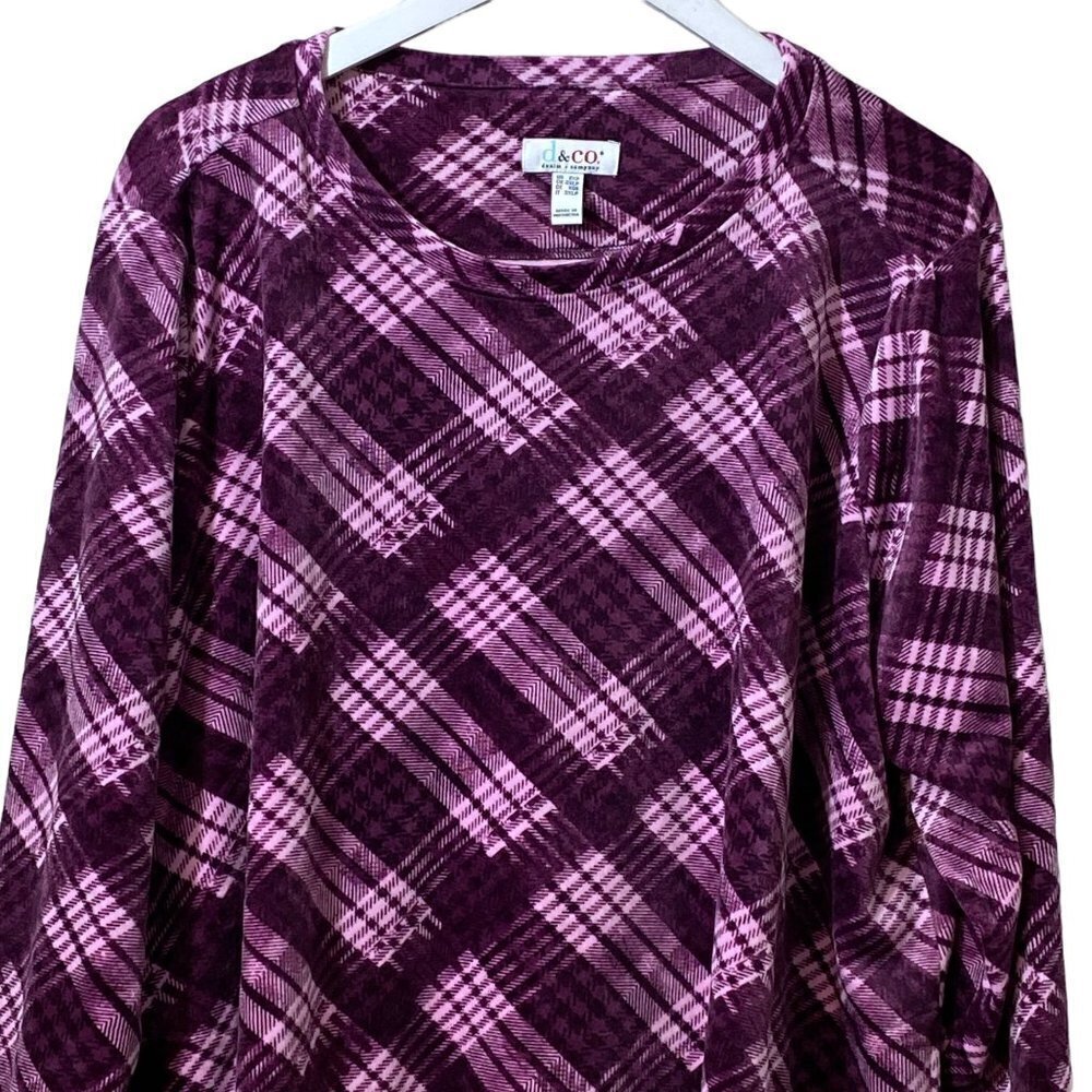 Denim & Co. Velour Top 2xp Plum Check Pullover Long Sleeve — image 4 of 8